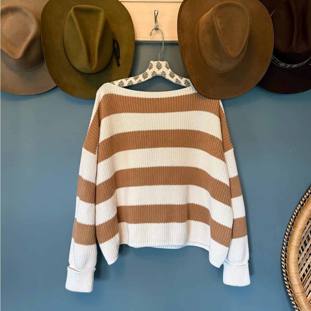 Anthropologie C by one 100% cotton Striped Brown and White  Sweater